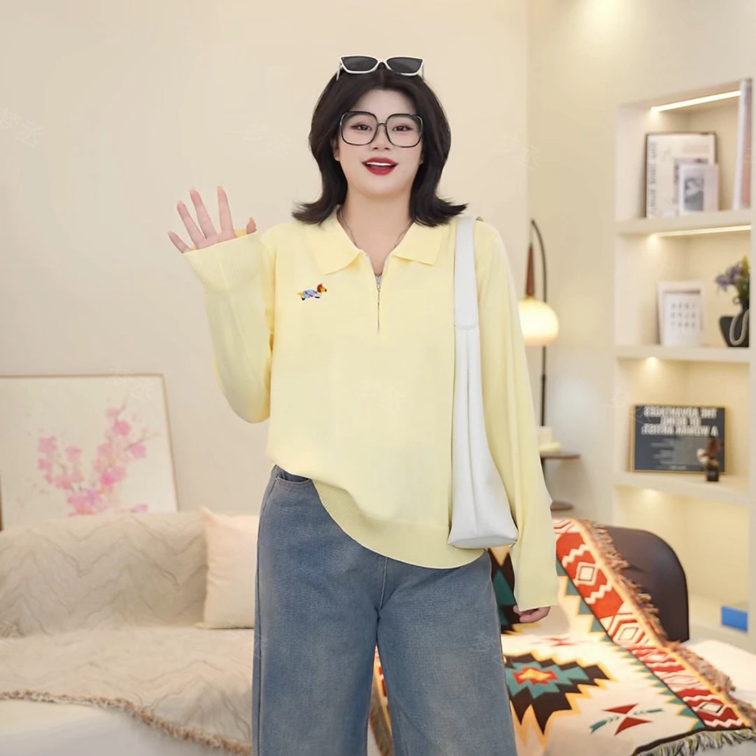 梦丞-小狗刺绣秋冬胖mm大码女装POLO领宽松显瘦洋气长袖针织衫