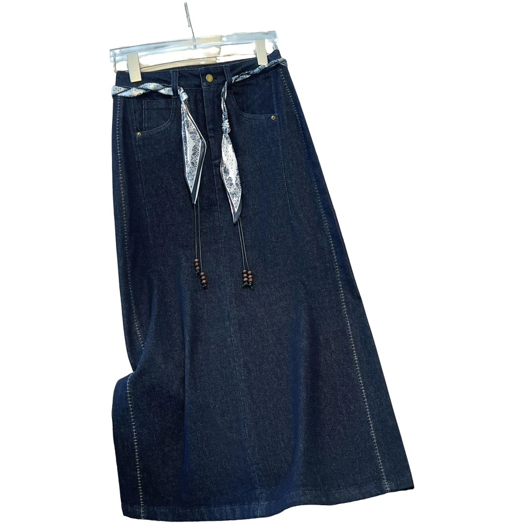 丹宁蓝牛仔半身裙女早秋季2025新款复古设计感腰带刺绣包臀a字裙