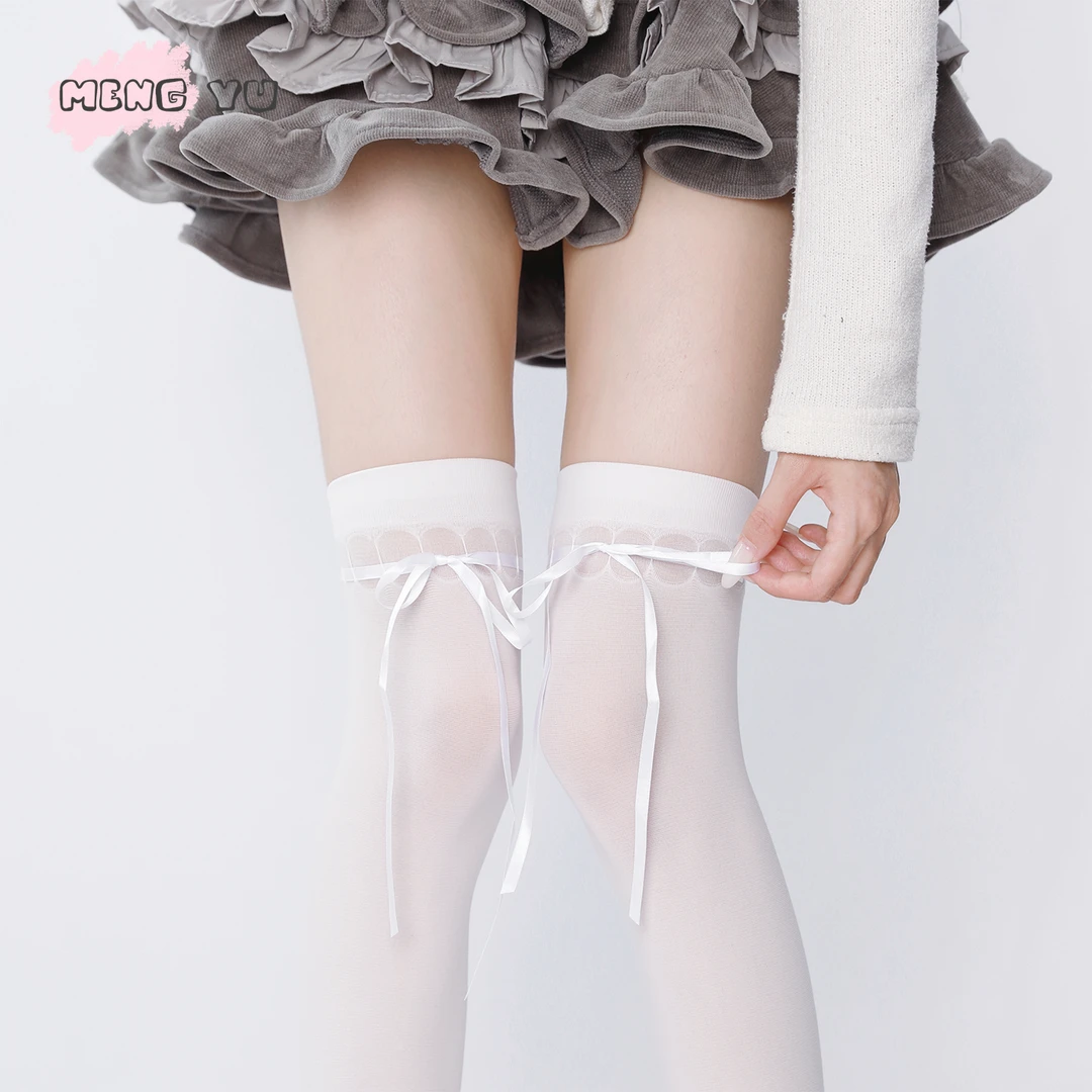 萌欲粉色蝴蝶结绑带过膝袜夏季日系jk女甜美系带洛丽塔长筒袜