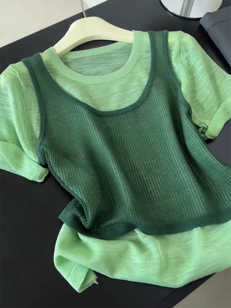 森林绿色假两件短袖2025夏季新款圆领薄款高级感气质独特上衣