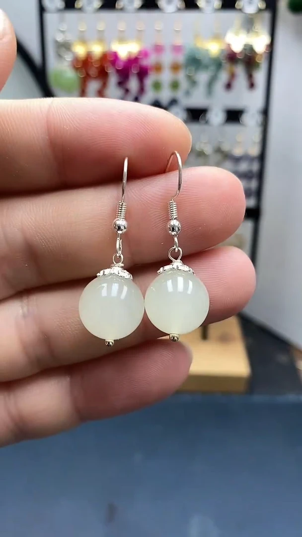 银S925镶嵌和田玉耳饰尺寸12mmC4白月光