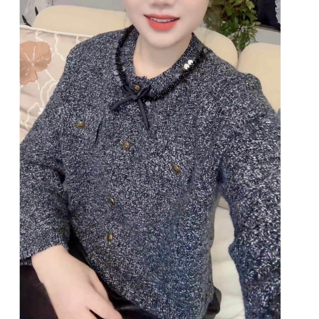 秋季新款小香风圆领蝴蝶结亮片毛衣