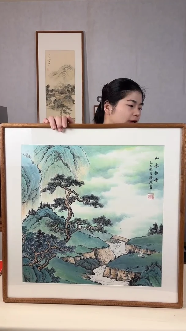 国画手绘*山水怡情*62*62cm实木框