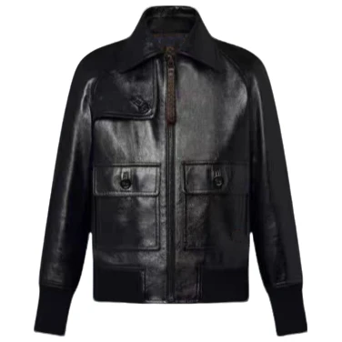 高奢重工短款链条落肩小香风皮衣-8527