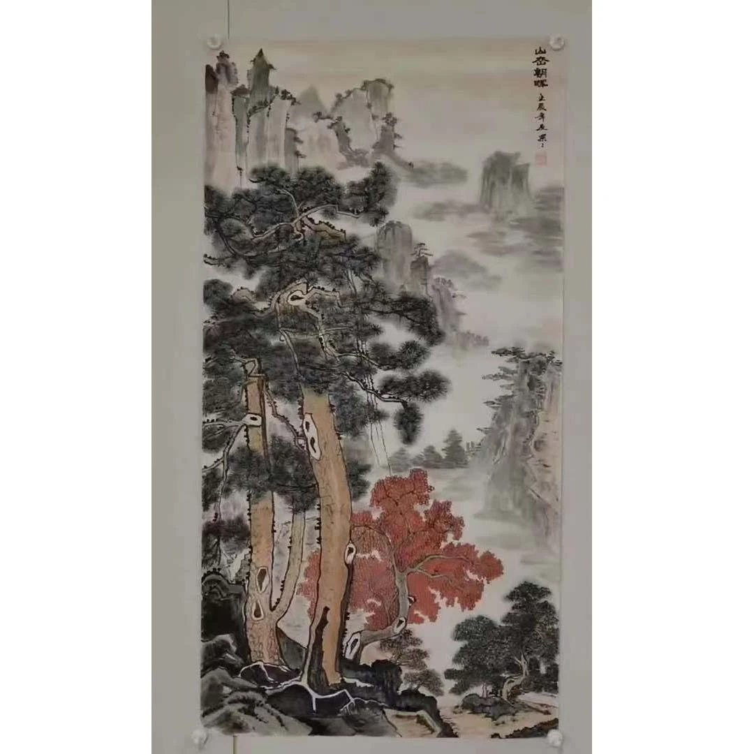 2793  纯手绘老字画《山峦朝晖》中堂  尺寸 137×68