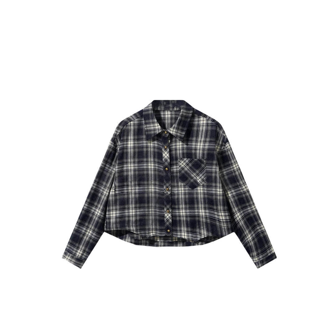 欧若风9932#【越洋情书】时尚韩版百搭2025春新款休闲小众格子上衣