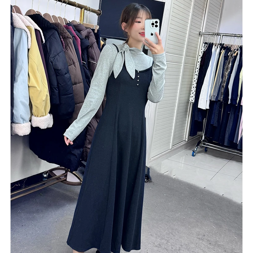 假两件连衣裙女2025年春季新款修身复古高级感中长款优雅吊带裙子