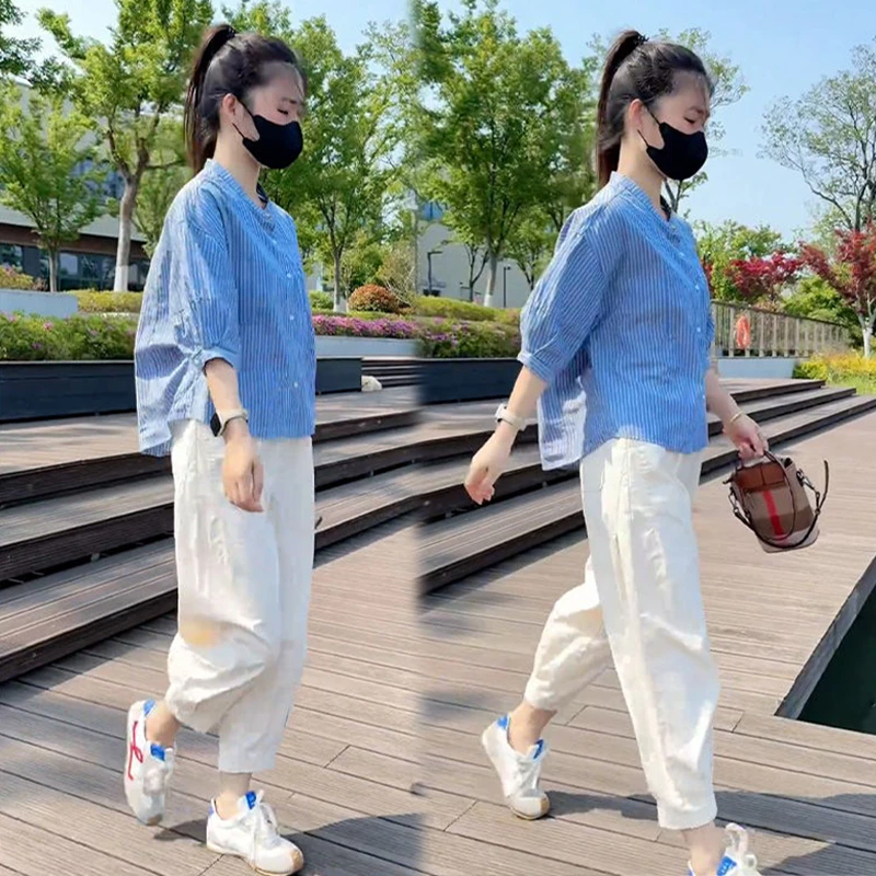 韩系时尚通勤干练穿搭一整套2025夏季新款小个子宽松显瘦衬衫裤子