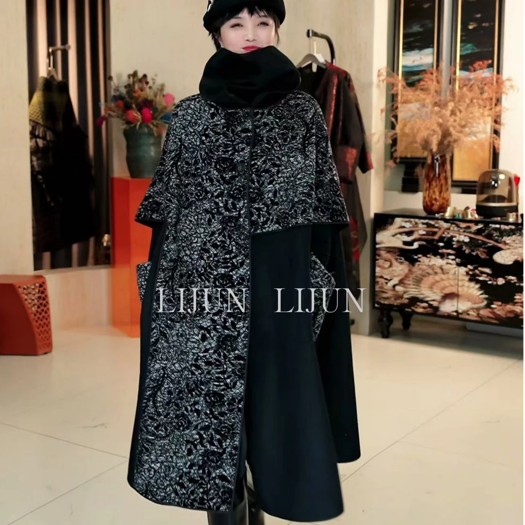 篱君2024秋冬新款拼色双面穿斗篷大衣时尚轻奢高级感中长扩版外套