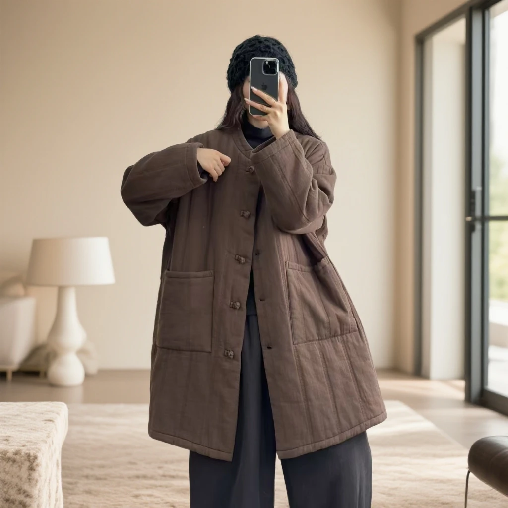 立领长款棉麻外套冬季新款宽松气质保暖女外套一件过冬爆款