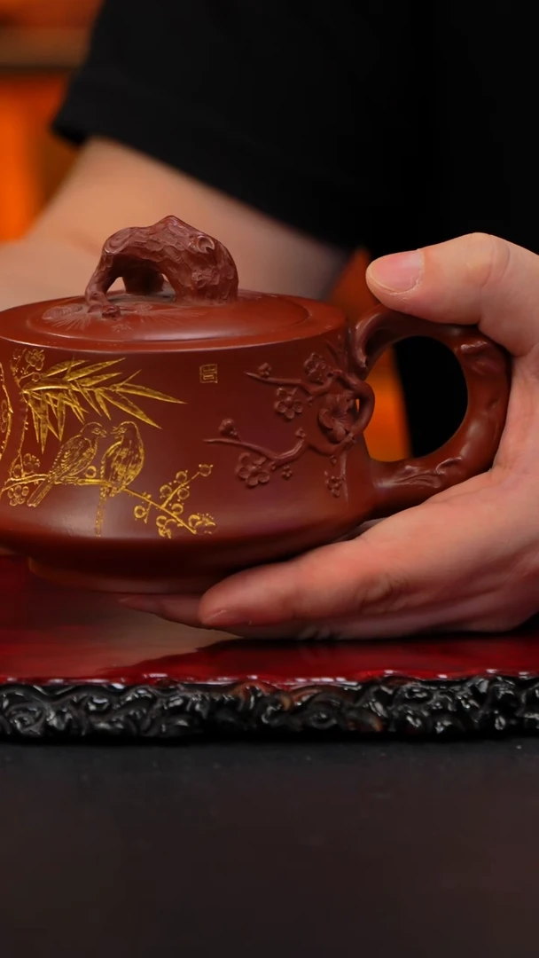 茶壶紫砂45 松竹梅,WJ,小煤窑朱泥