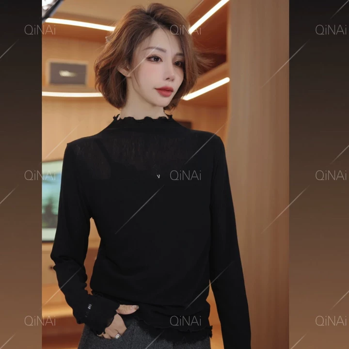 七奈「落霜」法式小花边纯色百搭打底衫QN13001