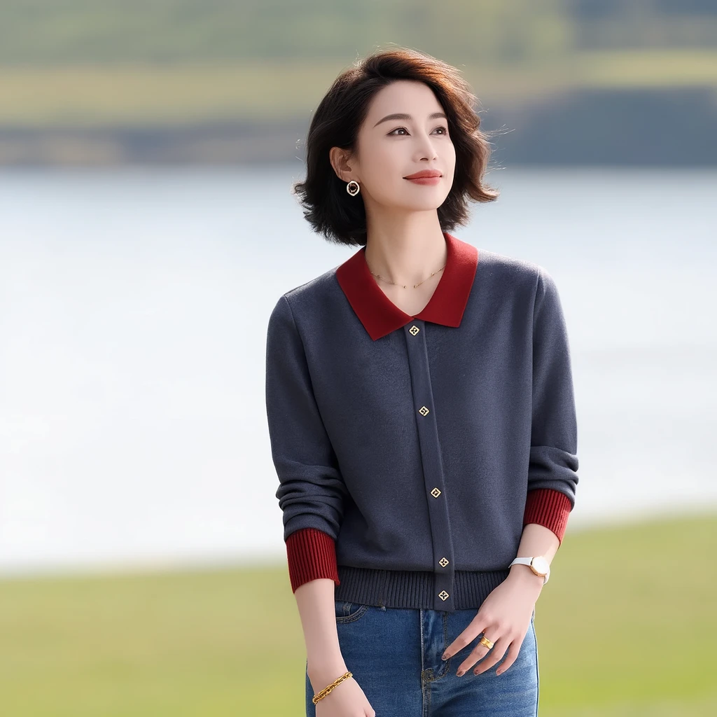 短毛衣长袖T恤女毛针织衫2025初秋新款宽松上衣翻领薄款打底衫