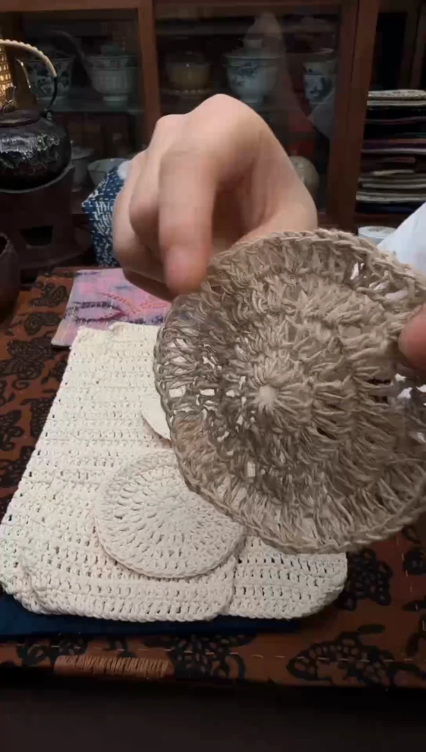 织绣染柿染杯垫-火麻钩织垫