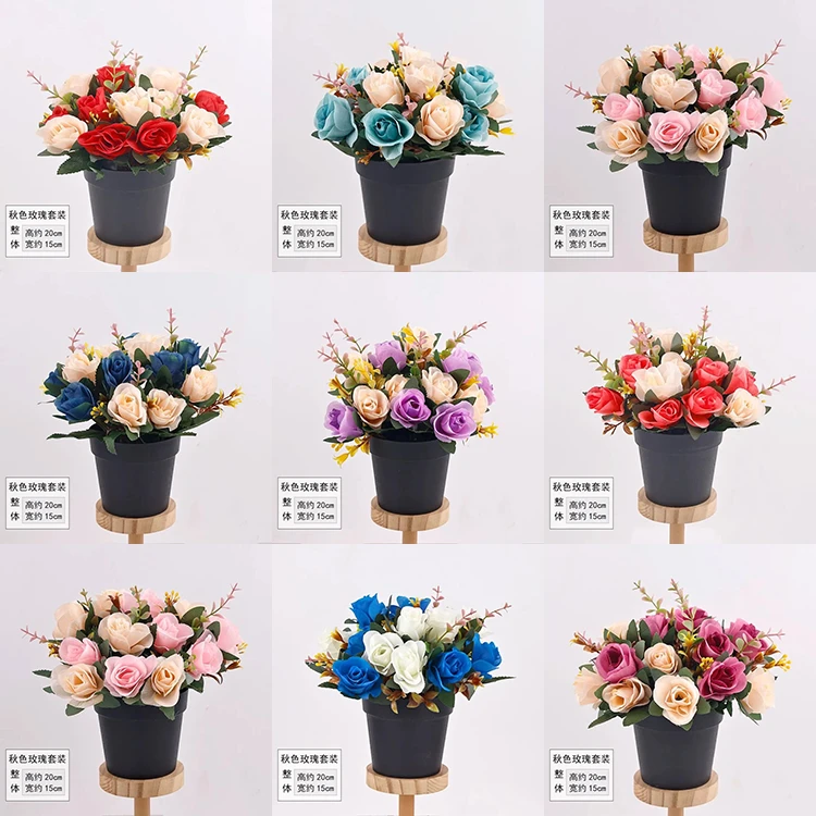 仿真小盆栽绢布玫瑰假花客厅卧室玄关隔断时尚简约装饰茶几桌摆件