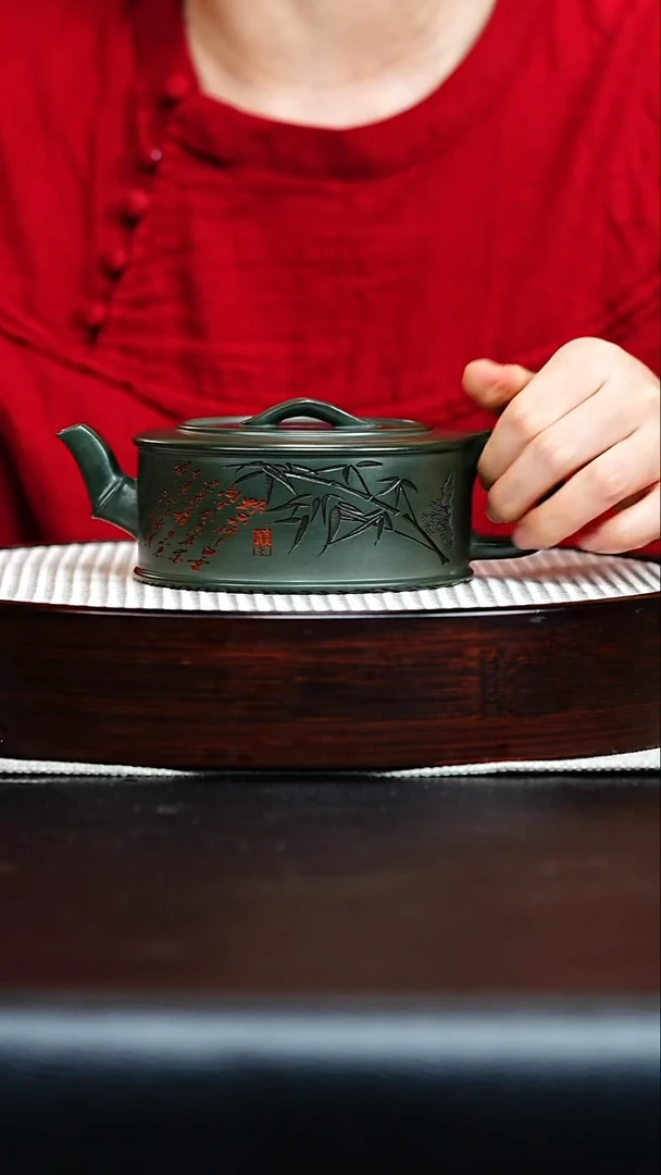 茶壶紫砂宜兴紫砂 竹段周盘 绿泥 谭青 h189