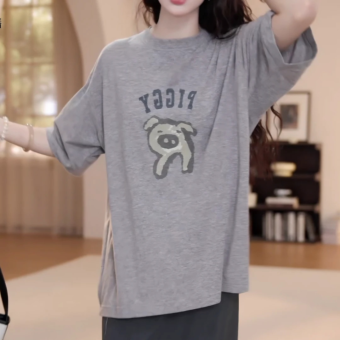 2025夏季新款上衣时髦减龄百搭抽象猪猪印花短袖T恤女LK2504915