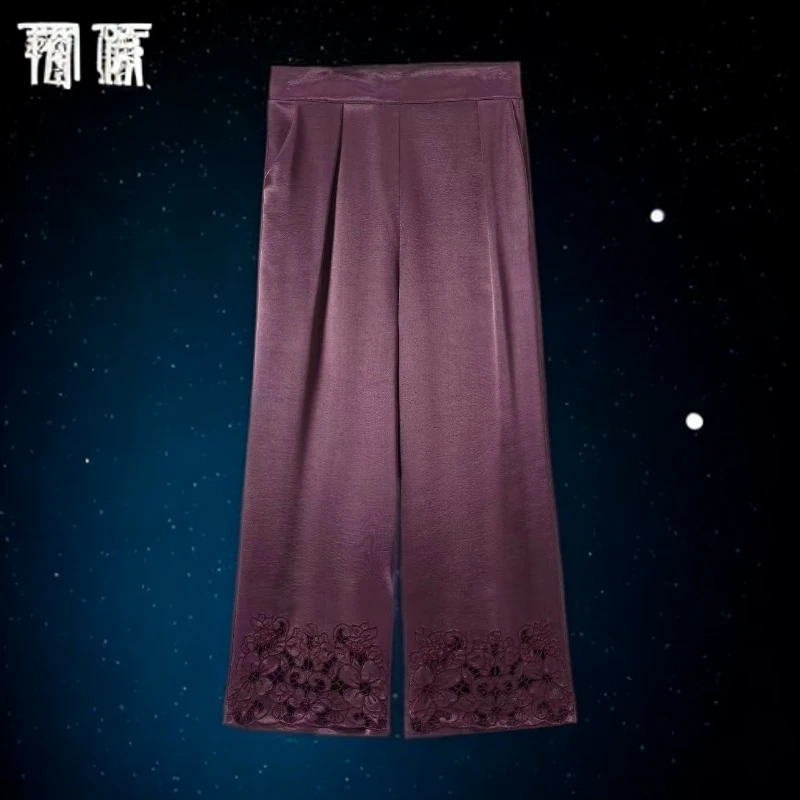 10-1百搭刺绣镂空长裤休闲裤黑色国风休闲高腰绣花裤子