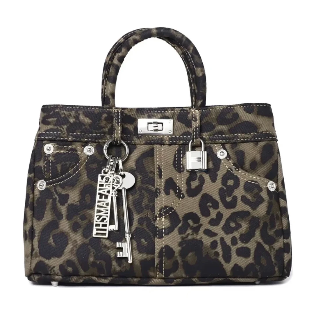 豹纹锁扣包2024夏季新品锁扣铂金方包拼接单肩腋下手提小方包潮包