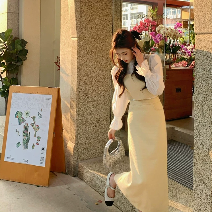 佐佐家小个子复古花边立领衬衫女春季吊带背心直筒半身裙小香套装