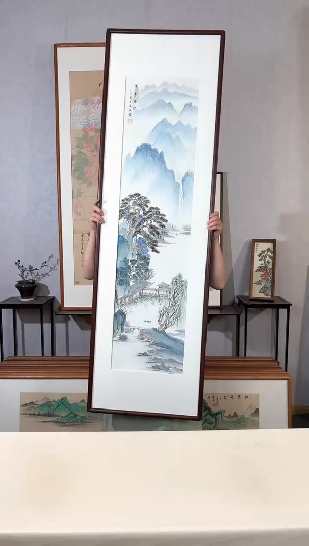 国画手绘*溪亭春烟*52*172cm发黑胡桃色木框*介意勿拍