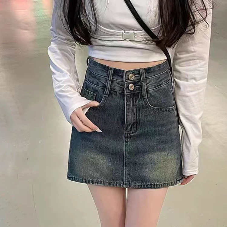 复古显瘦牛仔短裙女夏季新款高腰遮肚子a字短裙防走光百搭半身裙