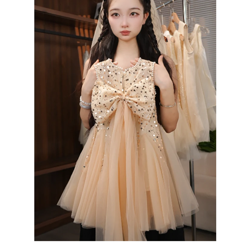 女童夏装连衣裙2025新款高定礼服群宴会礼服群儿童亮片公主裙