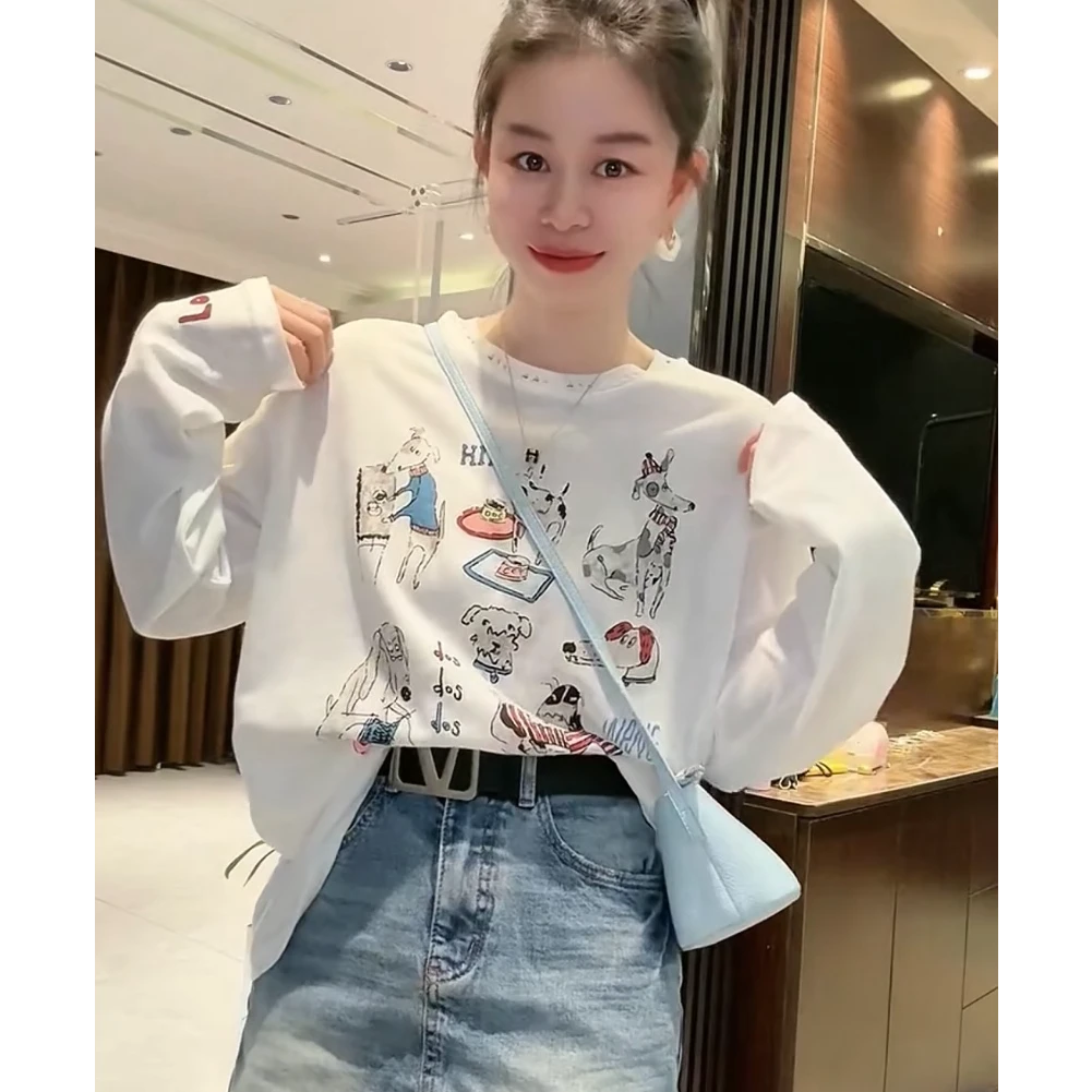 欧洲站小众设计早春新款美式复古狗狗卡通印花休闲白色长袖T恤