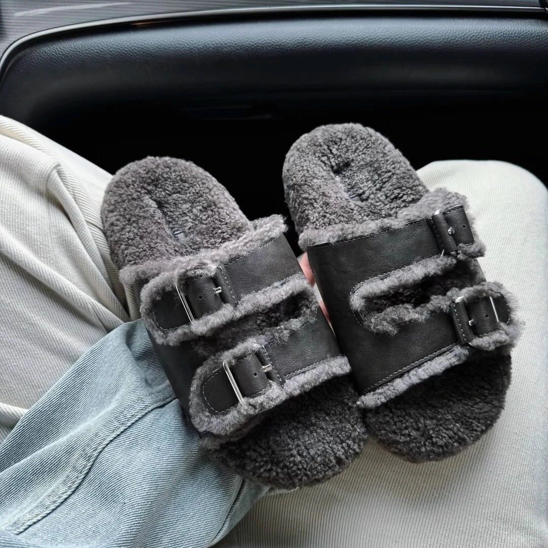 2025秋冬新款时尚厚底羔羔毛毛鞋女皮带扣外穿懒人一字拖鞋潮