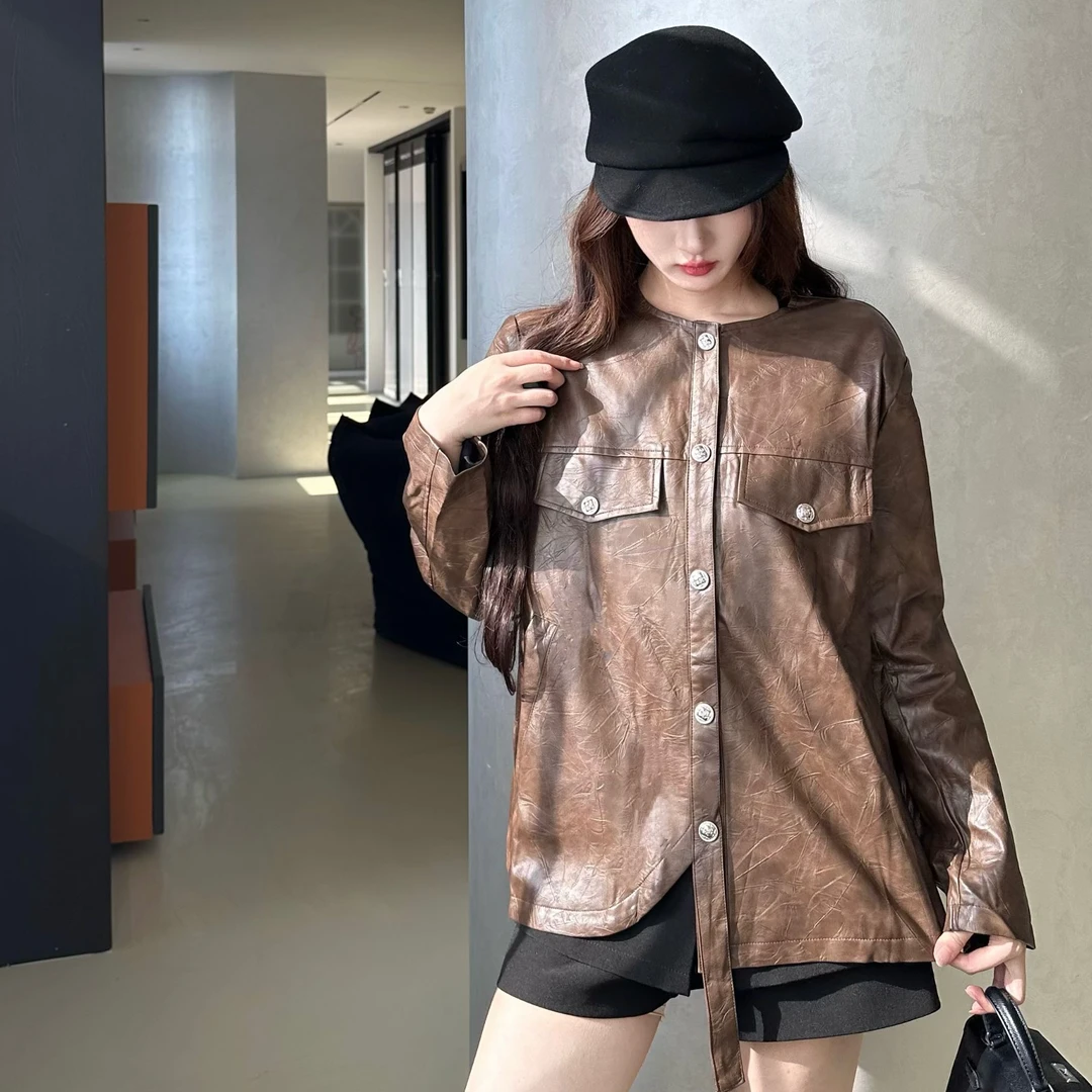 Merasoul早春气质复古百搭显瘦休闲圆领排扣PU皮衣外套