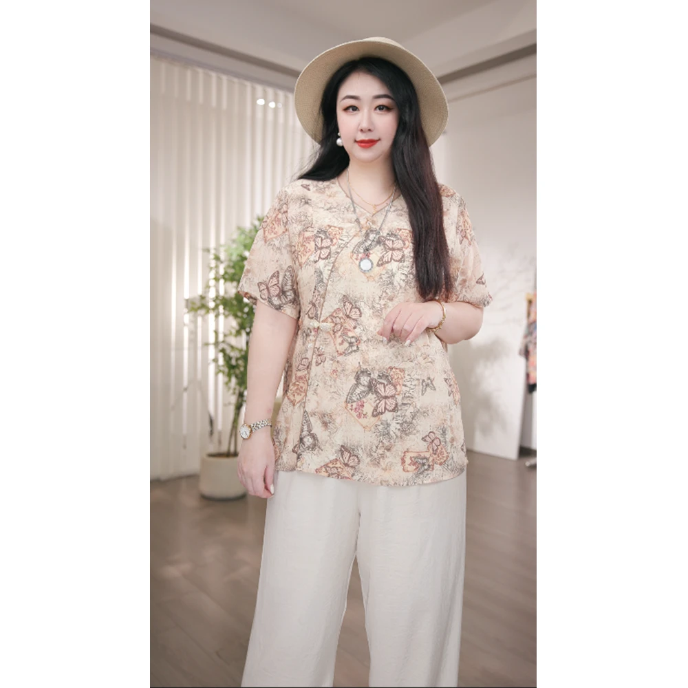 大码女装【蝶恋花】新中式简约休闲洋气百搭显瘦遮肉宽松上衣