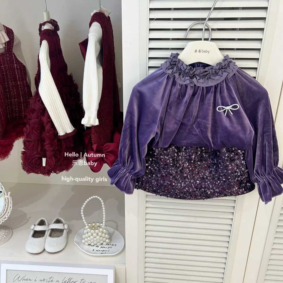 现货【乐恩童装】女童冬新过年服紫色丝绒上衣亮片加绒半身裙两件套