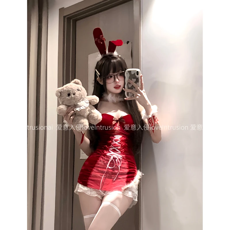 爱意入侵：兔兔芝士！圣诞纯欲风吊带cos女装连衣裙红色丝绒网纱