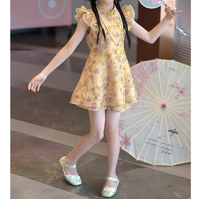 女童夏装2025国风小飞袖新中式套装复古旗袍裙短裤无袖两件套夏季