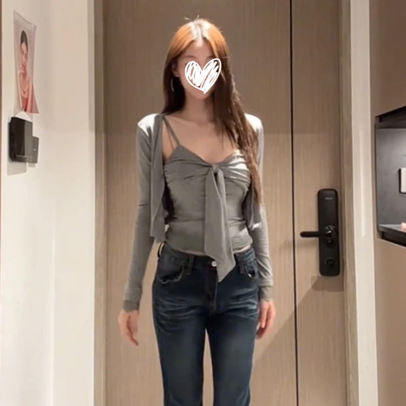 2025法式蝴蝶结吊带坎肩两件套高级设计感修身显瘦纯欲性感女上衣