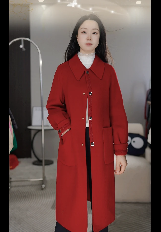 【依帆专属】F292 POLO领修身型中长款秋冬毛呢外套毛呢红色气质