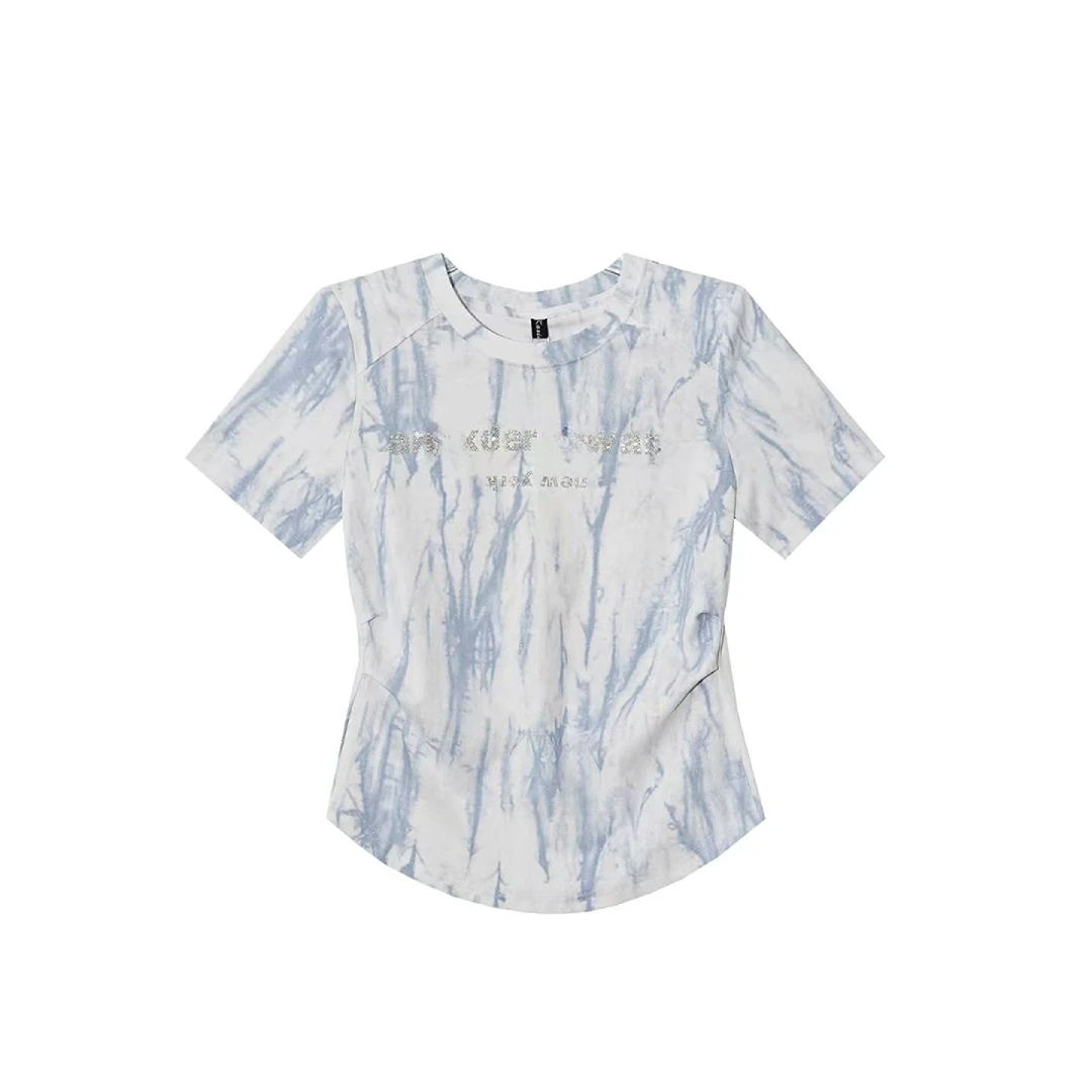 【合肥欢欢】“蓝岩”夏季时尚百搭修身显瘦扎染烫钻短袖T恤女潮68781