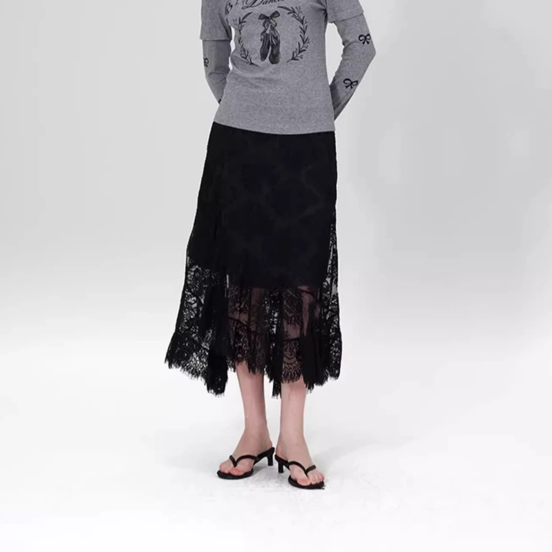 LABERTHREE X THE ENES 美式高腰显瘦优雅不规则镂空蕾丝半身长裙