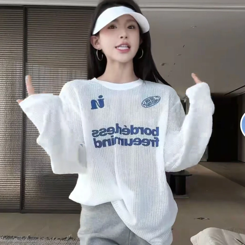 赵露思同款透气针织镂空字母印花长袖T恤罩衫针织镂空防晒上衣