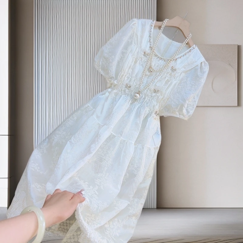 2025夏季新款重工刺绣钻领蝴蝶气质优雅时尚显瘦遮肉胖女神裙5940