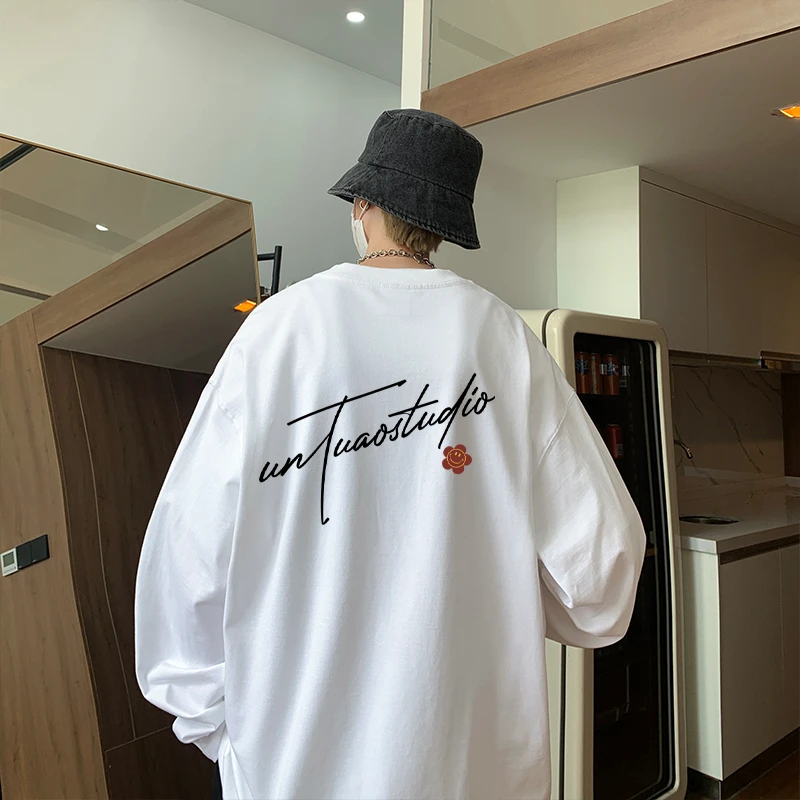 重磅纯棉长袖T恤新款男百搭半袖潮流印花休闲圆领简约时尚韩版ins