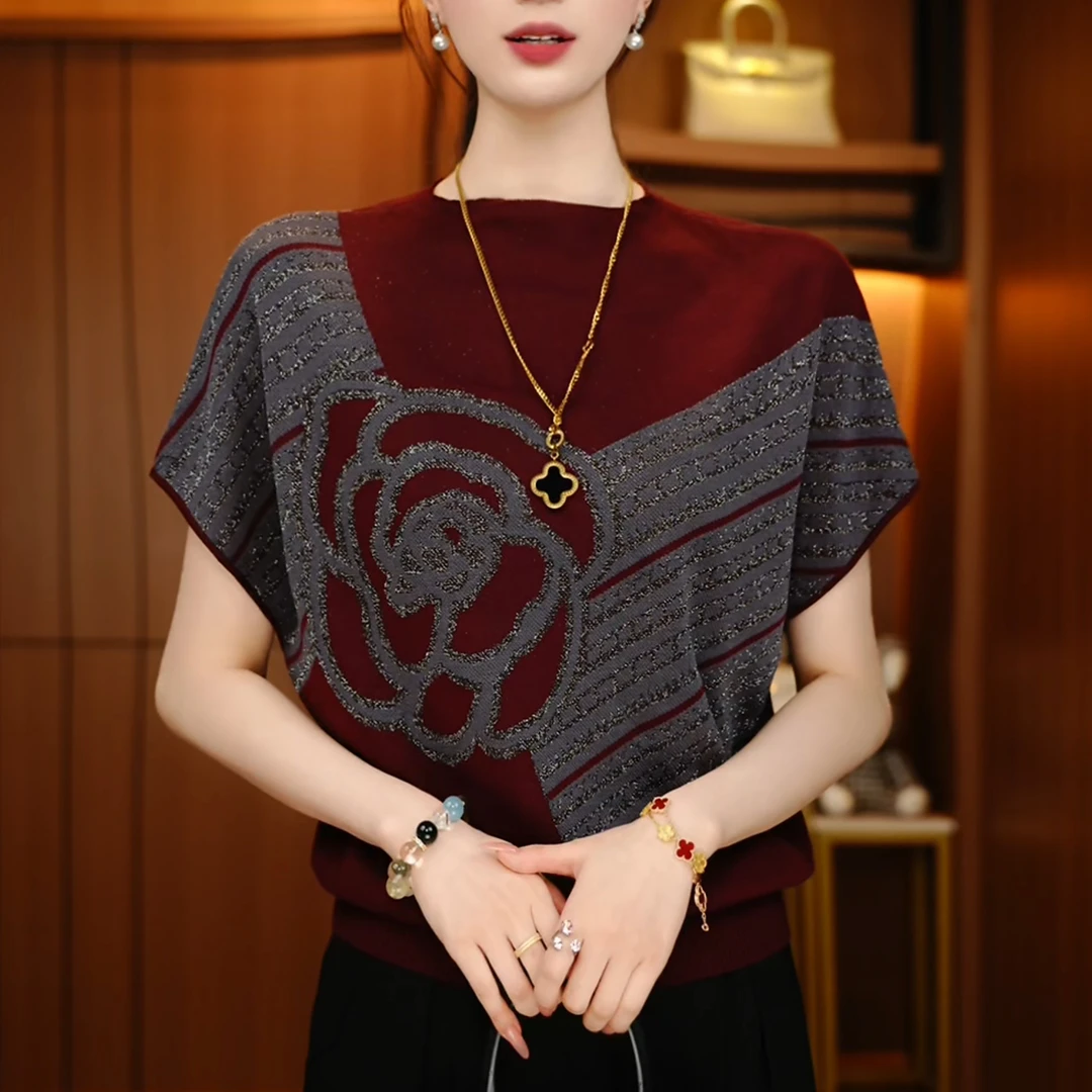 夏季新款百搭显瘦气质减龄舒适透气女针织提花圆领上衣-A250568