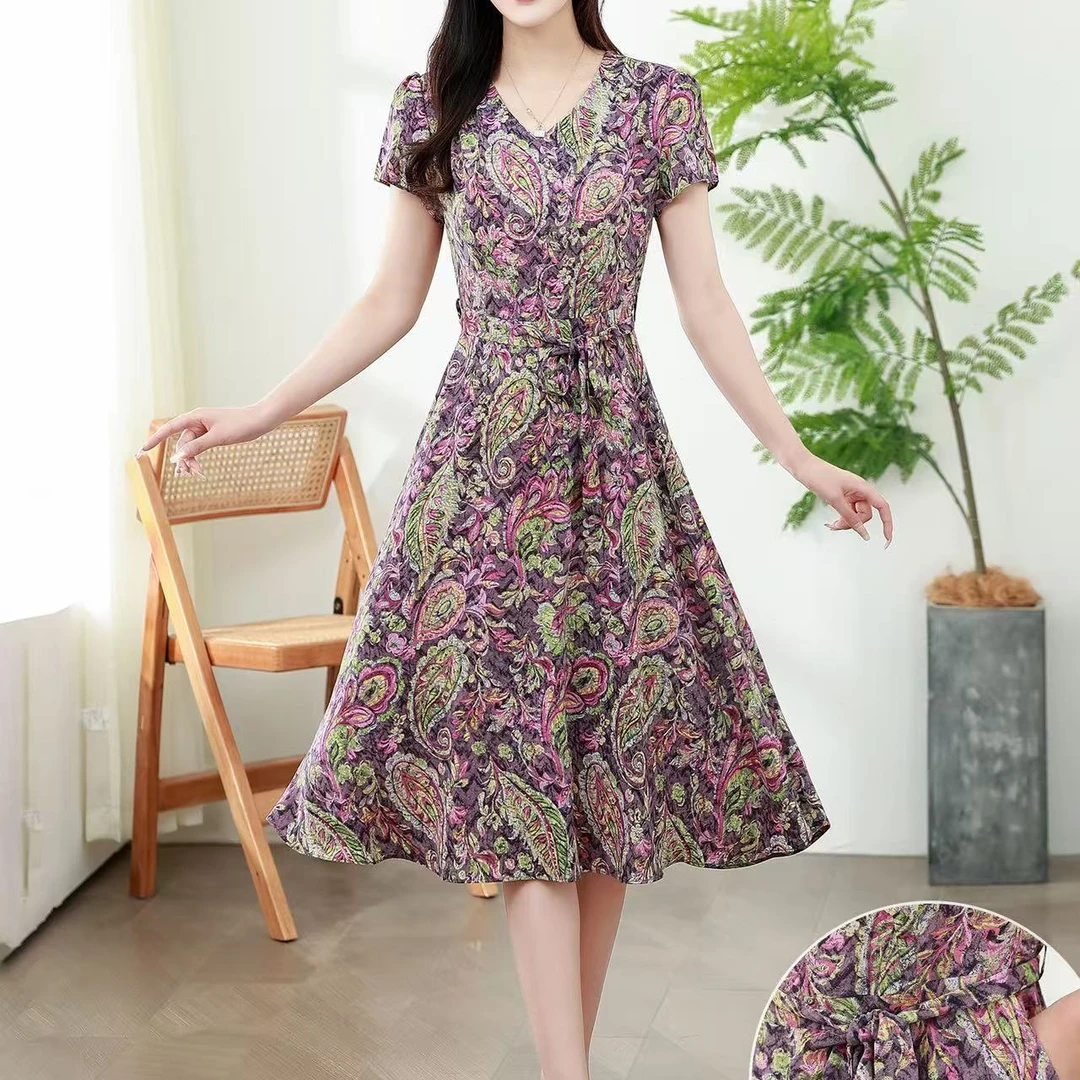 夏季清新碎花收腰显瘦中长款气质连衣裙2501