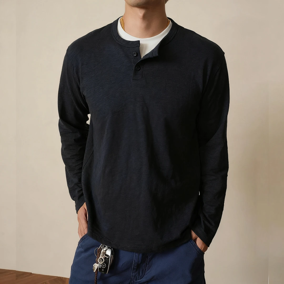 纯棉亨利假两件长袖T恤男士秋季打底衫休闲百搭上衣简约透气纯色