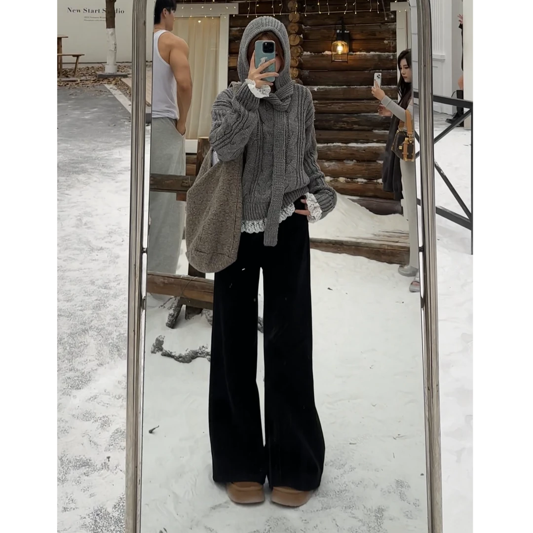2025加厚加绒牛仔阔腿裤女宽松高腰显瘦秋冬设计感