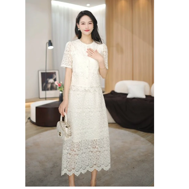 马克华菲2025春季法式短袖女气质蕾丝重工显瘦长裙子F520264500