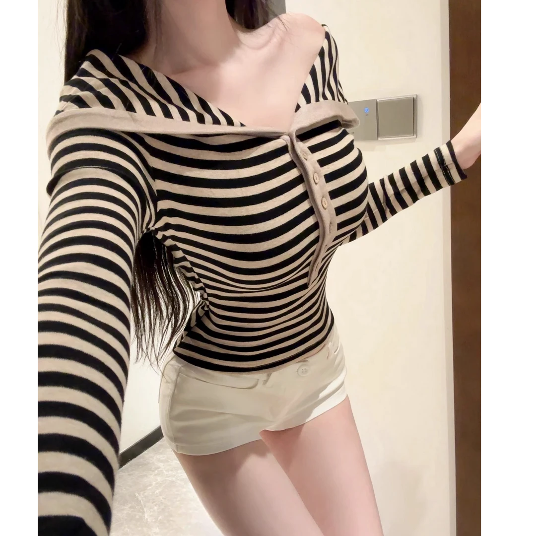 复古撞色条纹一字肩修身长袖t恤打底衫女春秋季紧身显瘦绝美上衣