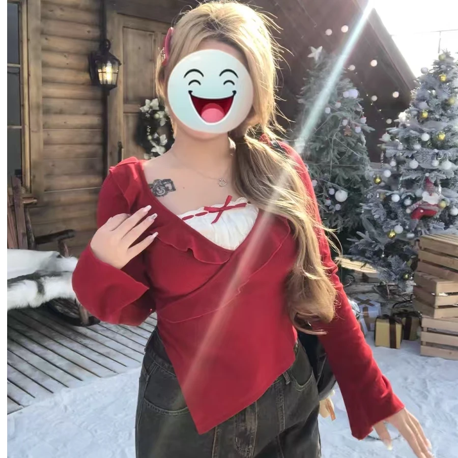 胖妹妹 荷叶边磨毛针织衫女2025秋冬新款微胖大码不规则毛织衫