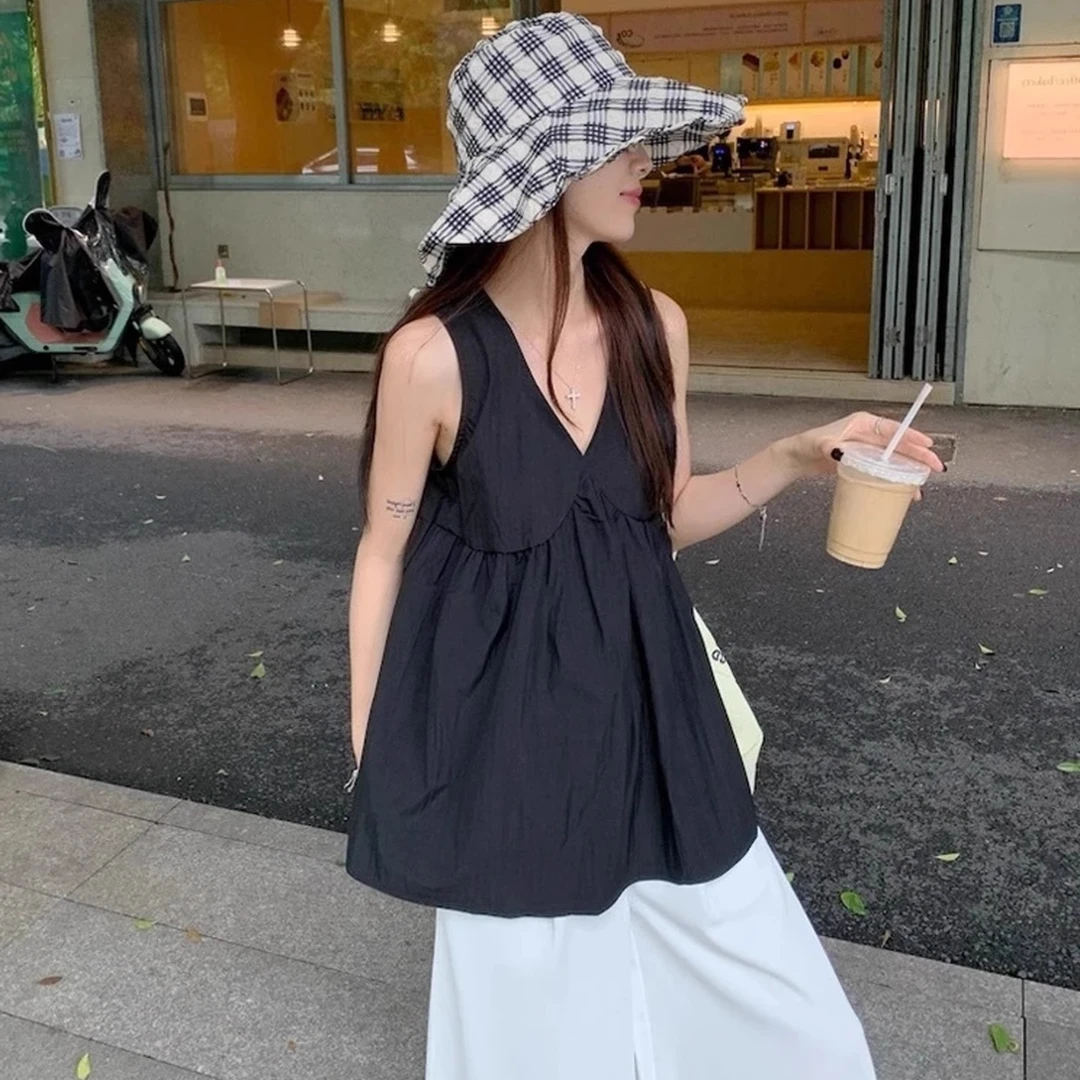 中长款黑色背心女夏季2025设计感小个子无袖V领上衣#6007