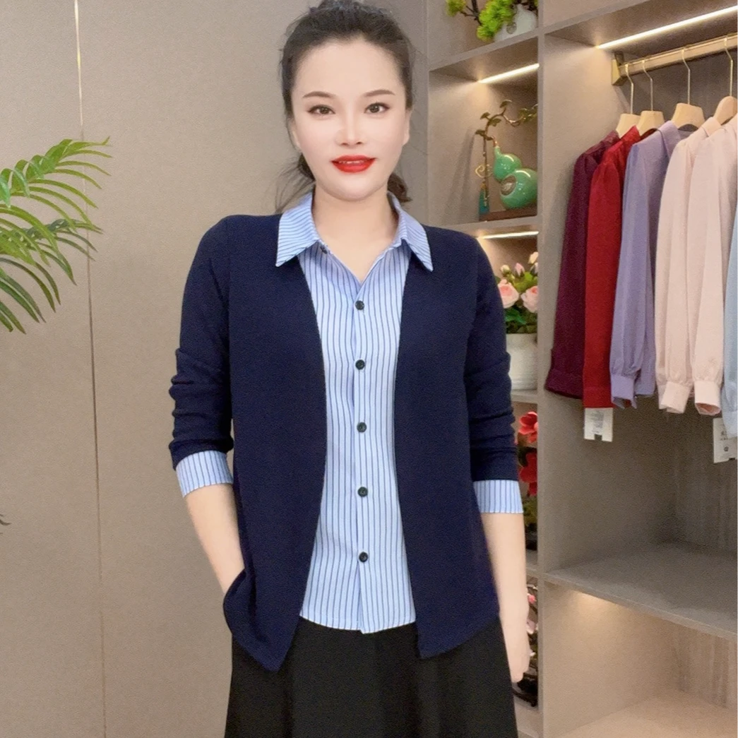 25182款秋季上新假两件条纹纯色款气质百搭衬衫